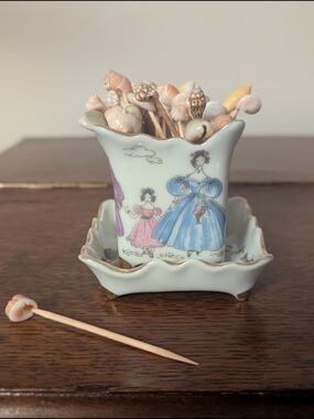 Lefton Porcelain Toothpick Holder & Small Trinket Dish Set